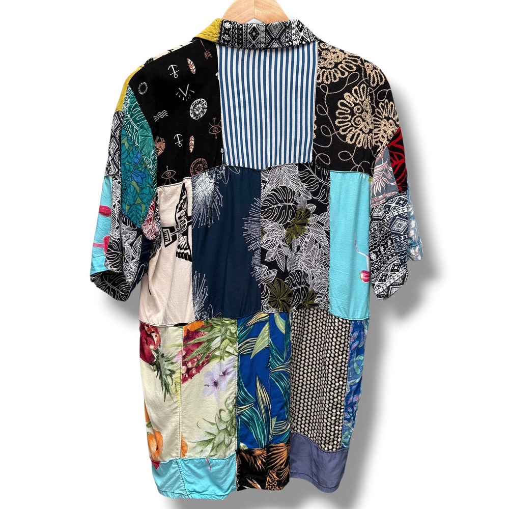 Peaceful People Mens Patchwork Rayon Button Down Shirt Multicolor Boho Medium - Picture 3 of 7